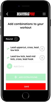 App screen for adding boxing combinations to a workout