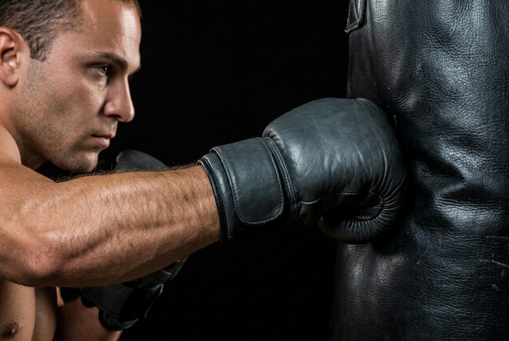 punching a bag wiht training gloves