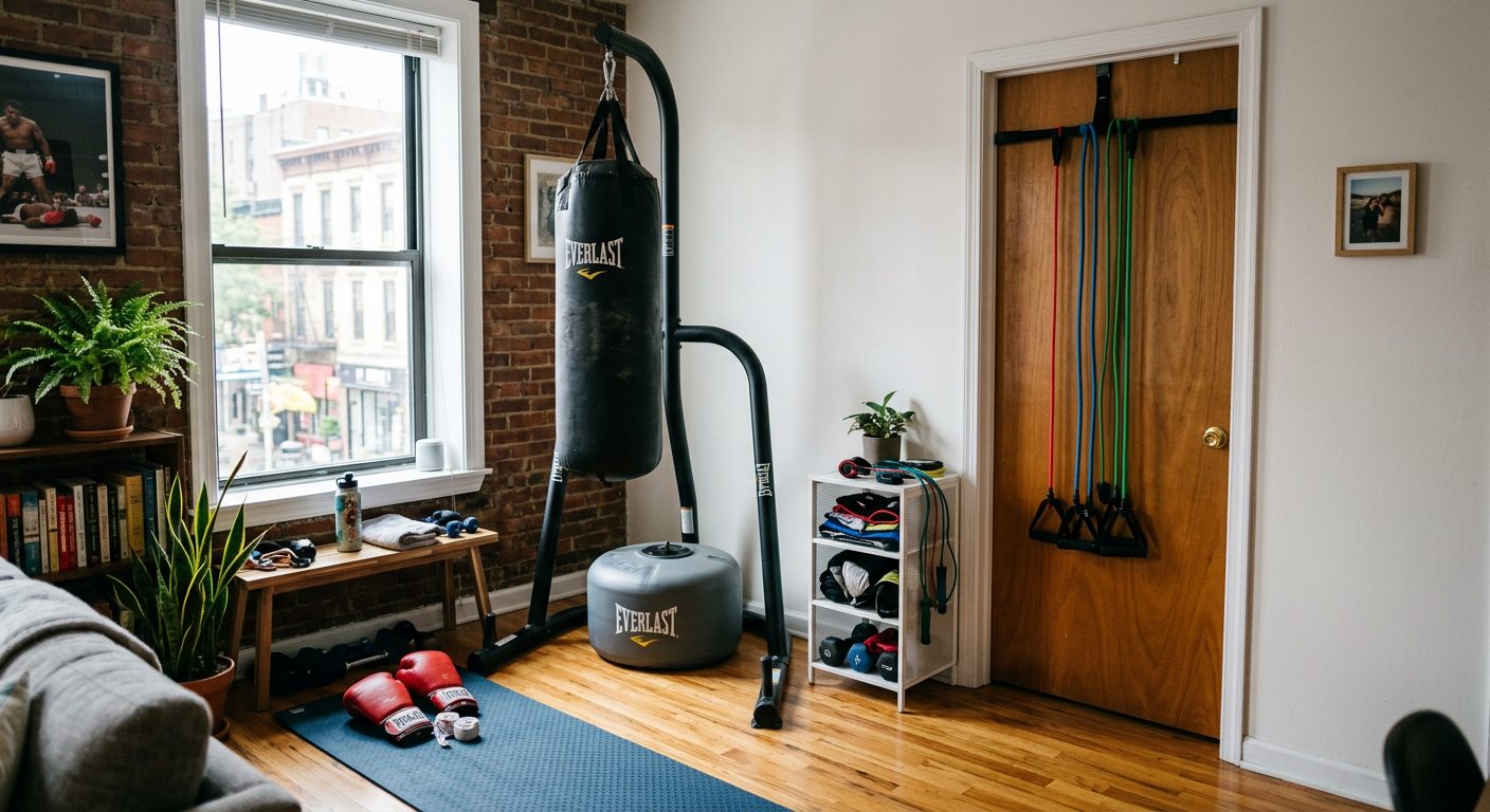 Small apartment boxing setup with freestanding bag stand and space-saving equipment