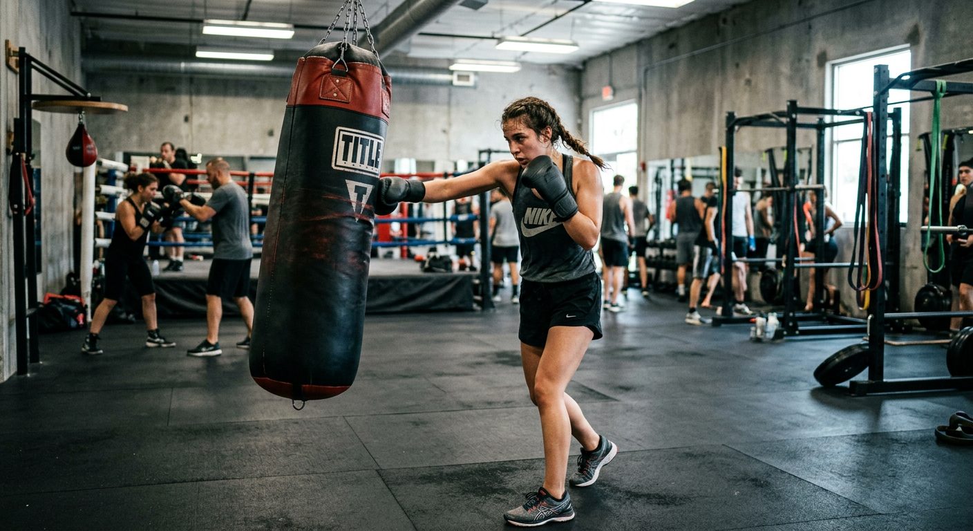 Beginner boxer practicing basic combinations with proper form and focused expression