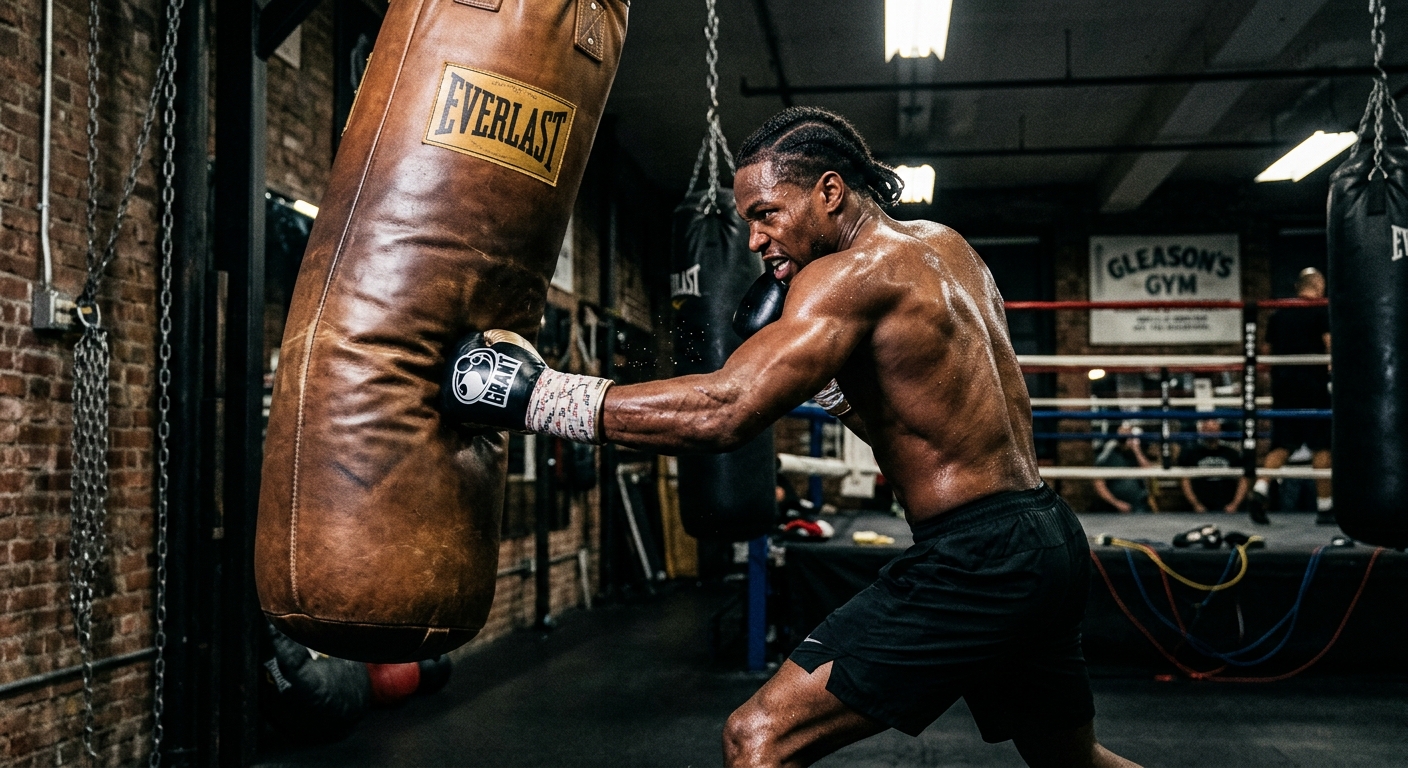 Professional boxer executing body shot combinations showing proper technique