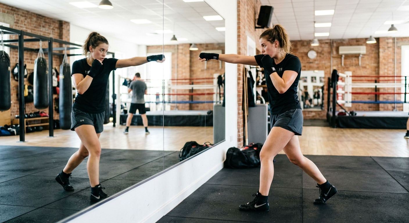 Boxer practicing shadowboxing in front of mirror