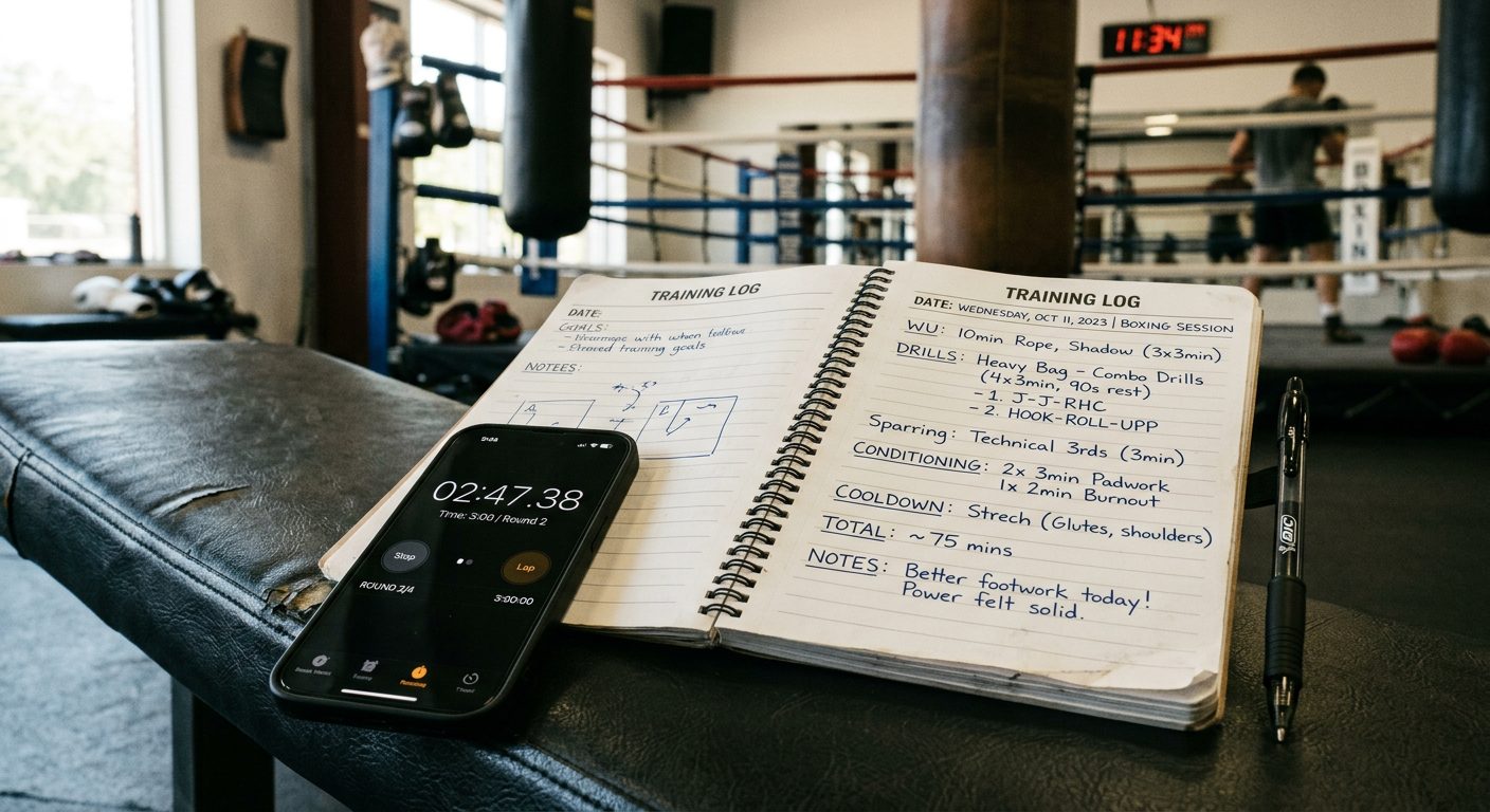 Training log notebook with boxing workout notes