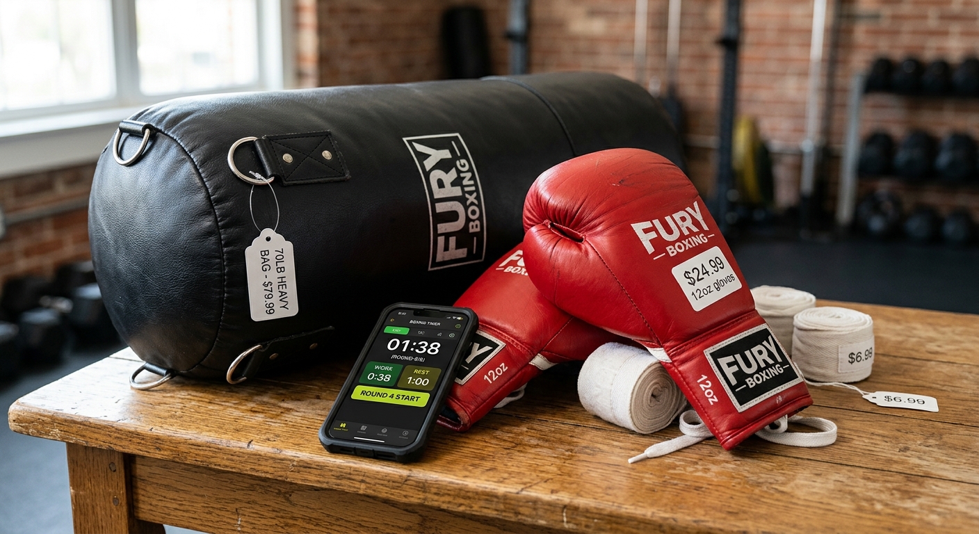 Budget boxing equipment including heavy bag, gloves, hand wraps, and timer app