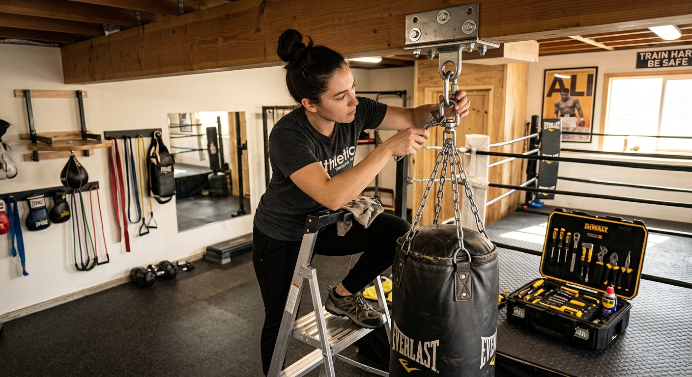 Person inspecting heavy bag mounting hardware and checking equipment safety