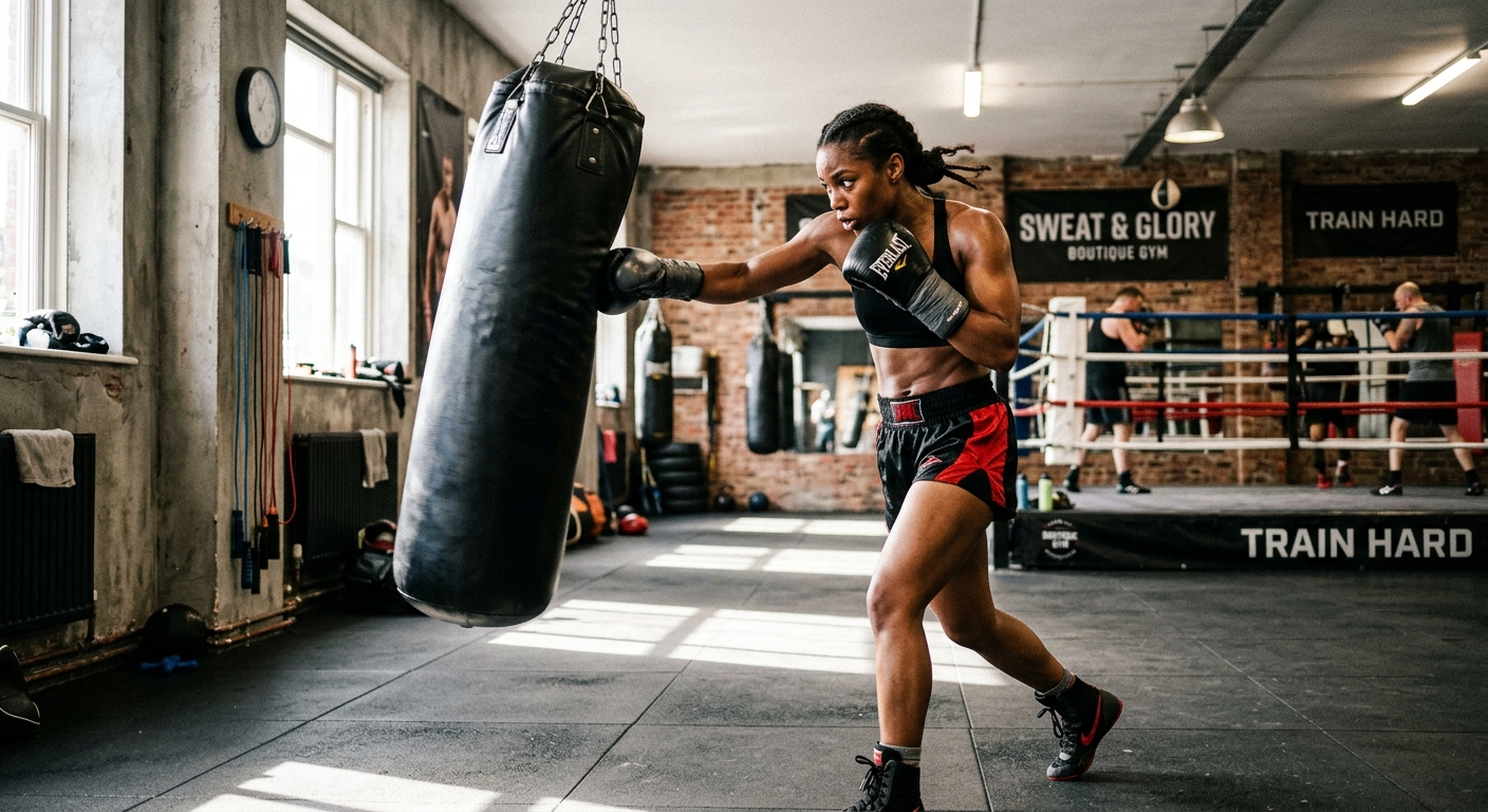 Athletic female boxer demonstrating hook punches with proper hip rotation