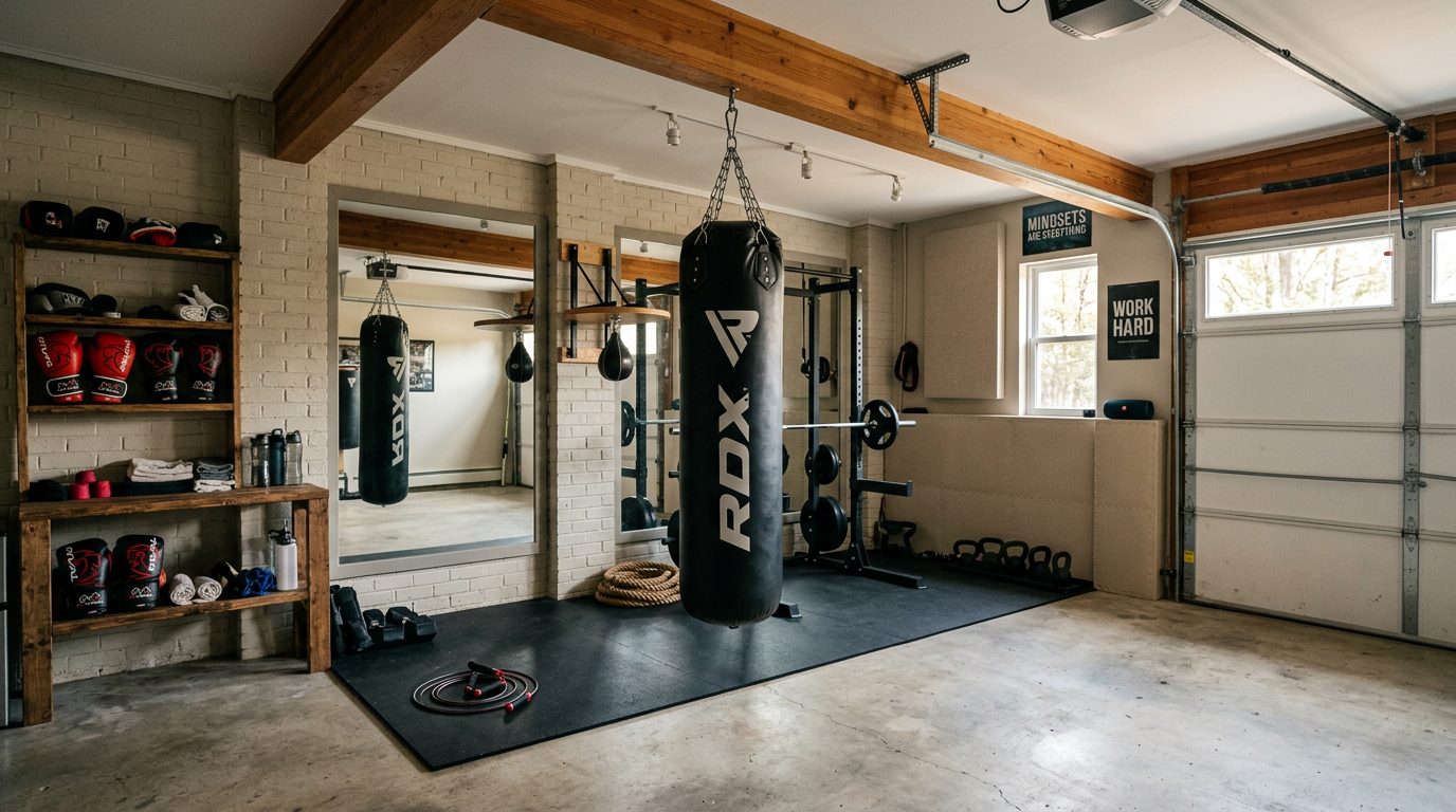 Home boxing gym setup in converted garage showing heavy bag, gloves, and mirrors