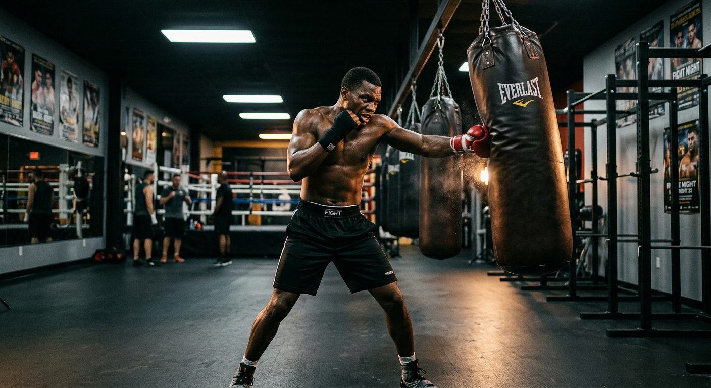 Professional boxer training on heavy bag in modern gym