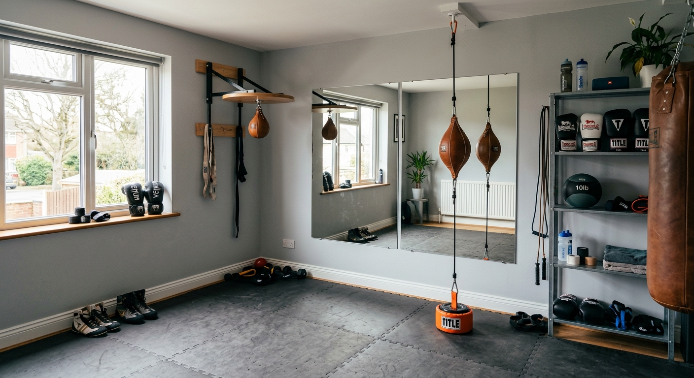 Mid-tier home boxing gym with speed bag, double-end bag, and mirrors