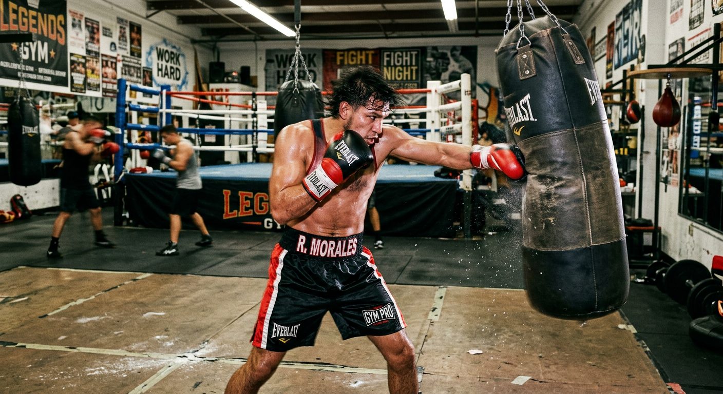 Boxer throwing multiple punch combinations with motion blur showing speed and intensity