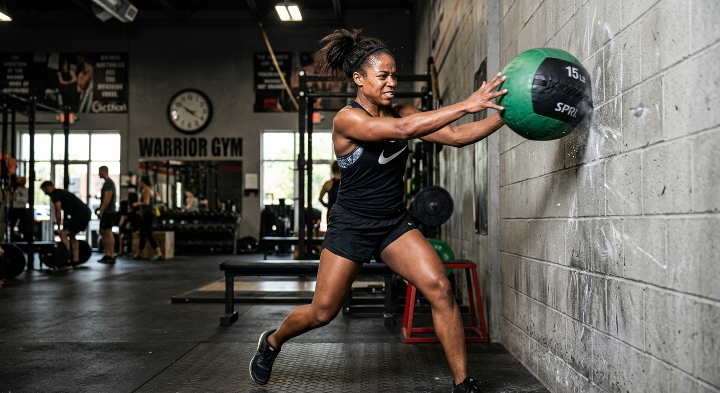 Athlete performing medicine ball rotational throw exercise