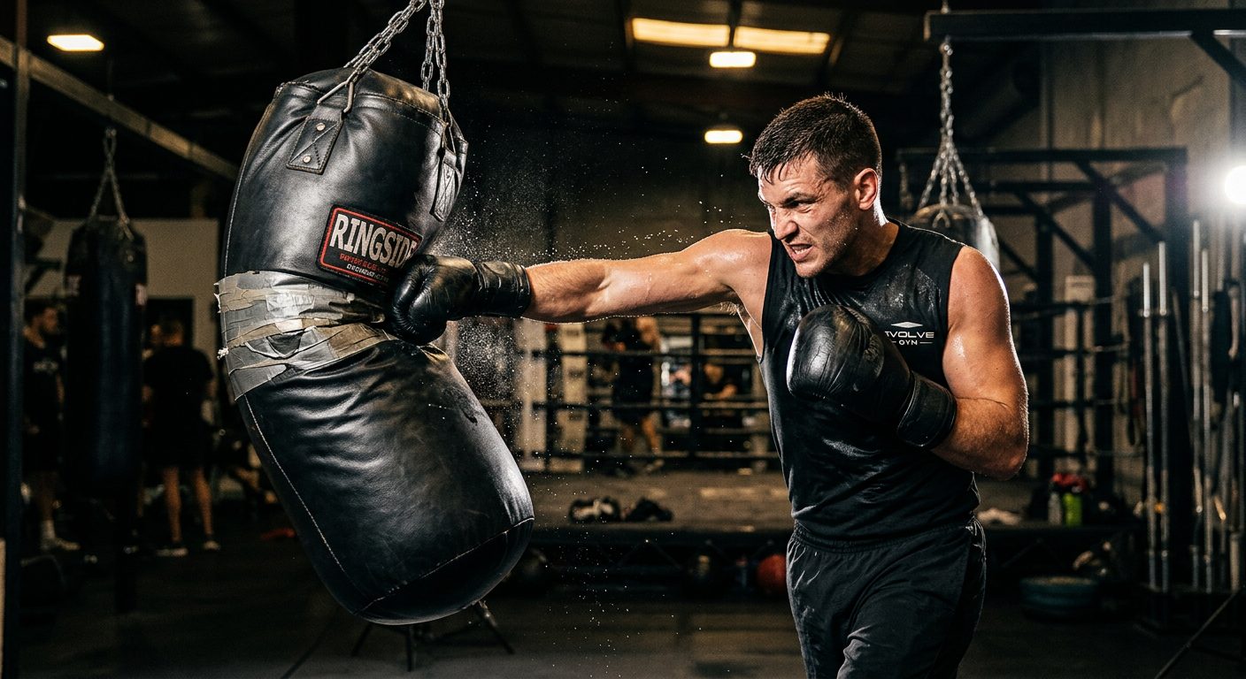 Boxer delivering powerful cross punch to heavy bag