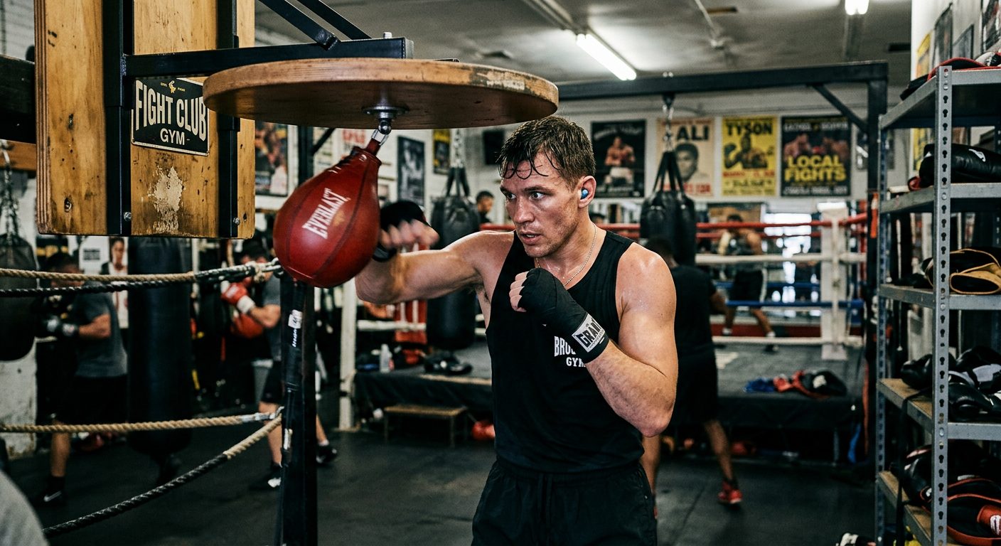 Boxer training on speed bag with focus and concentration