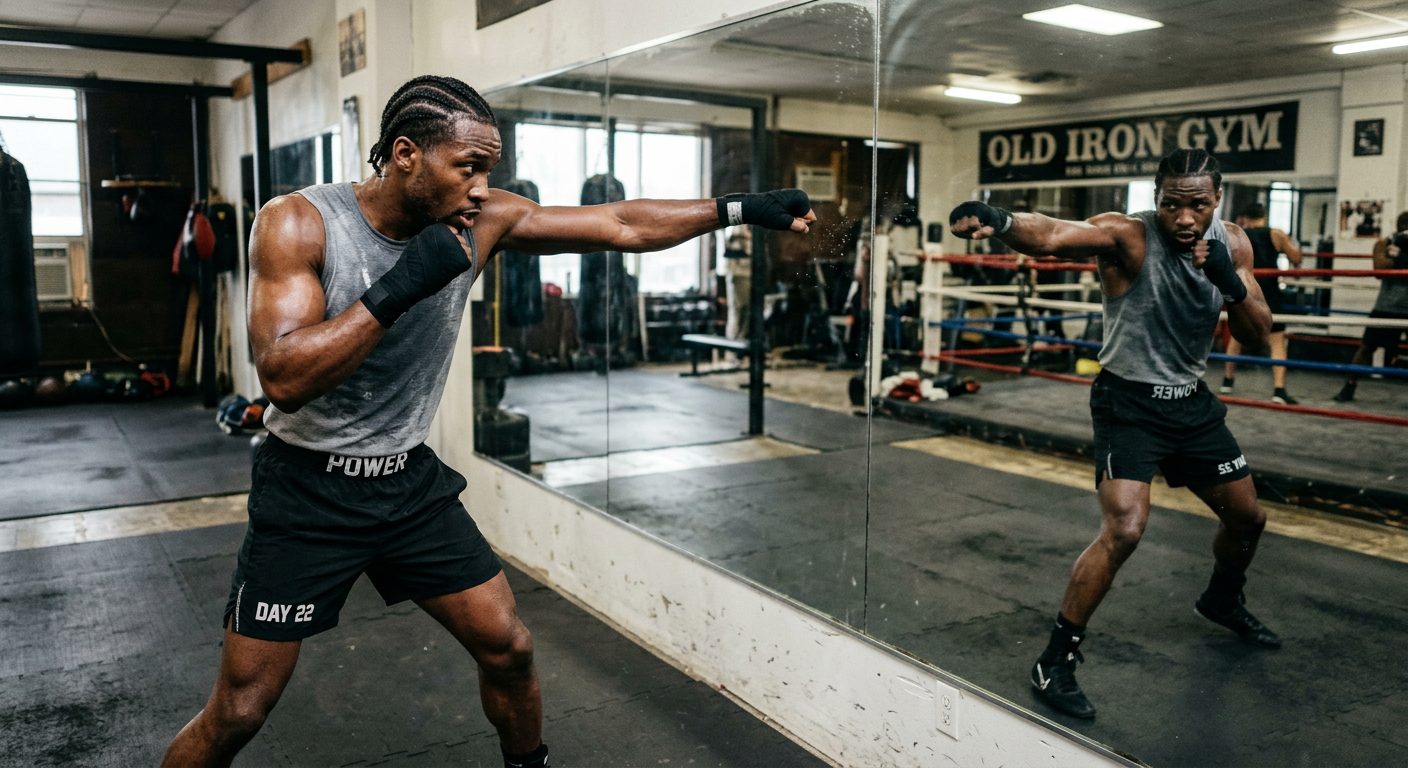 Person practicing boxing combinations on heavy bag