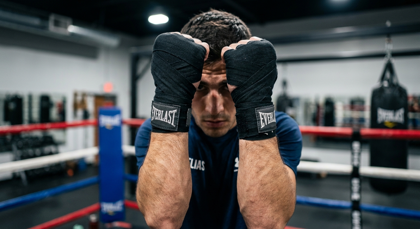 Close-up of boxer's hands in perfect orthodox stance with properly wrapped hands in guard position