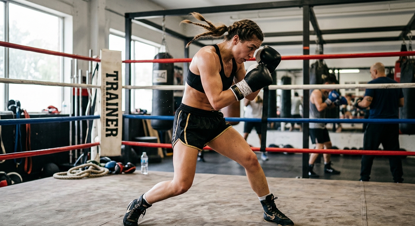 Female boxer performing defensive slip movement while shadow boxing, captured in dynamic action
