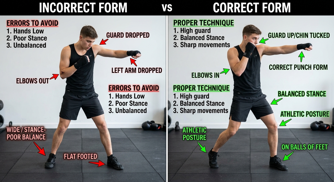 Split comparison showing incorrect vs correct shadow boxing form with dropped hands versus proper stance