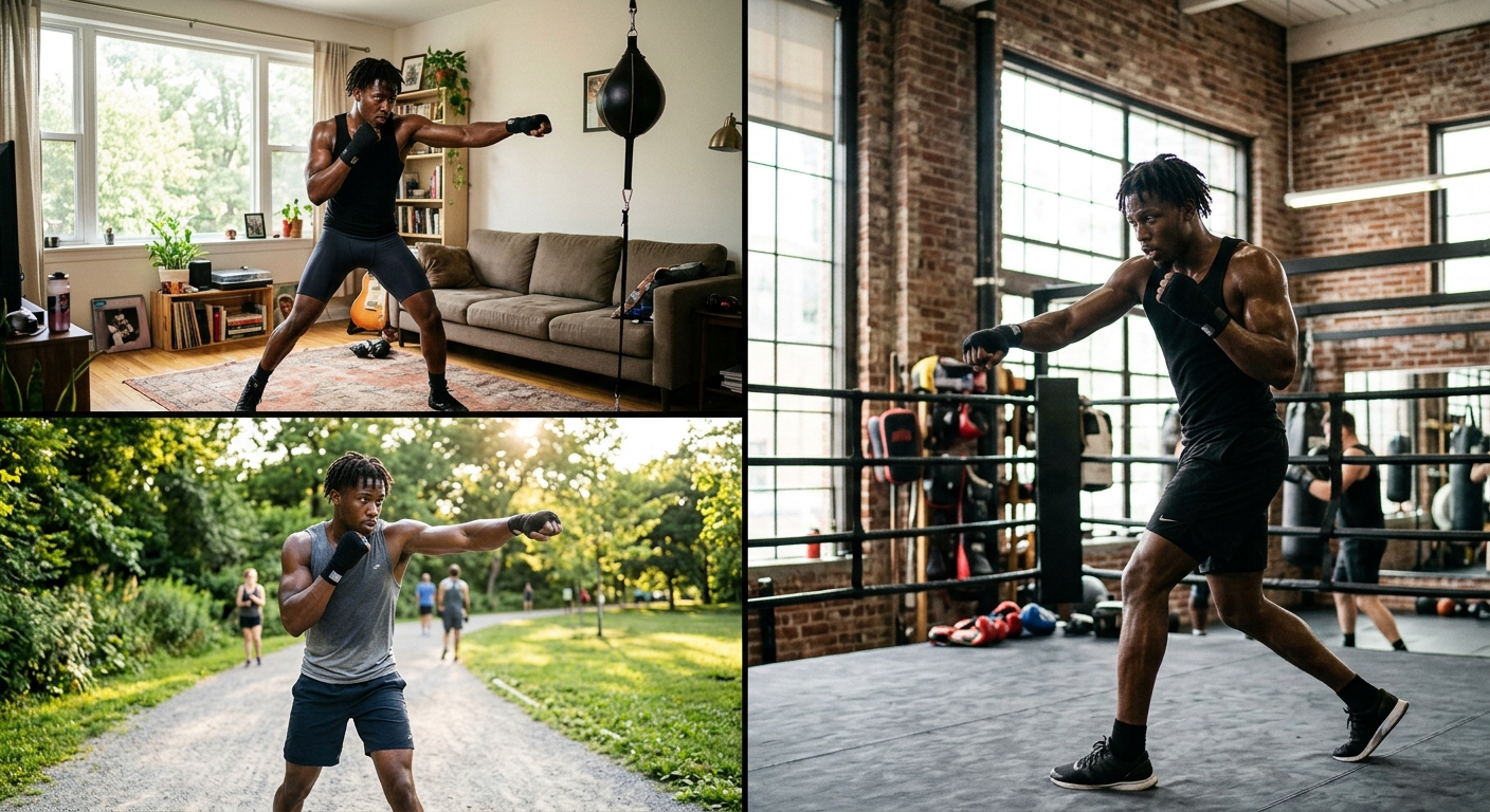 Montage of boxer training in different environments: home, gym, and outdoor settings