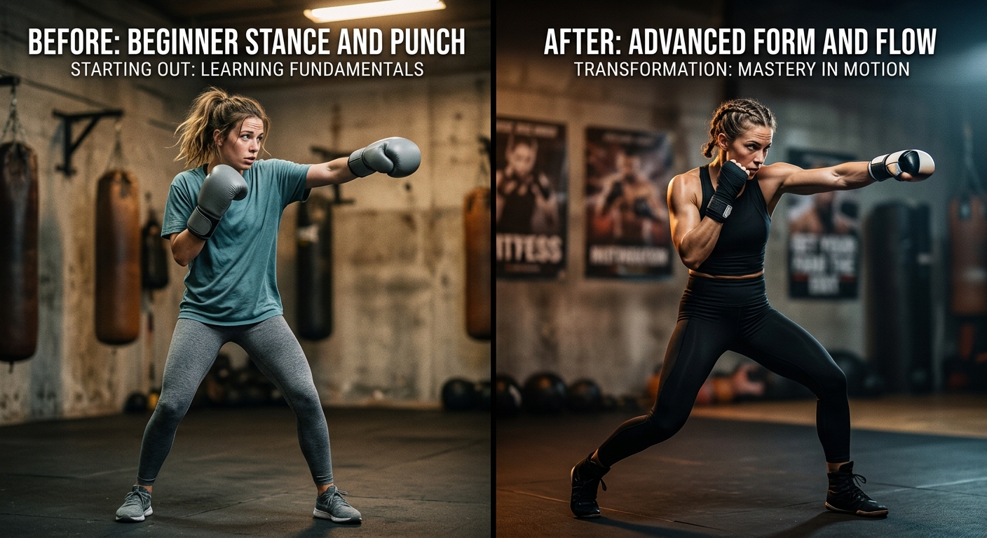 Before and after progression showing improvement from beginner to advanced shadow boxing technique