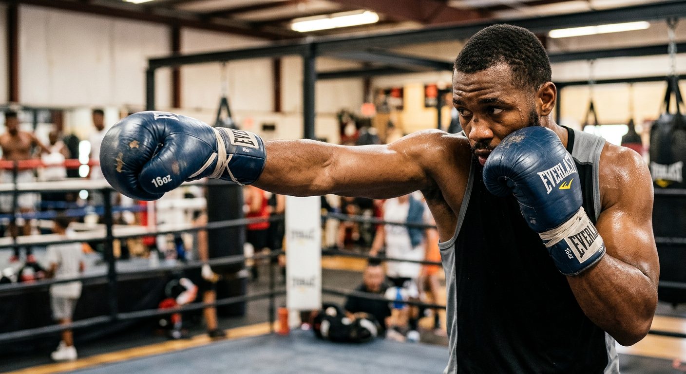 Close-up of proper boxing jab form with extended arm and correct fist rotation