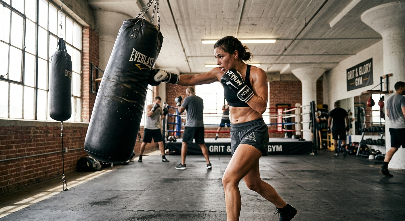 Action shot of person throwing boxing combinations on heavy bag with proper form