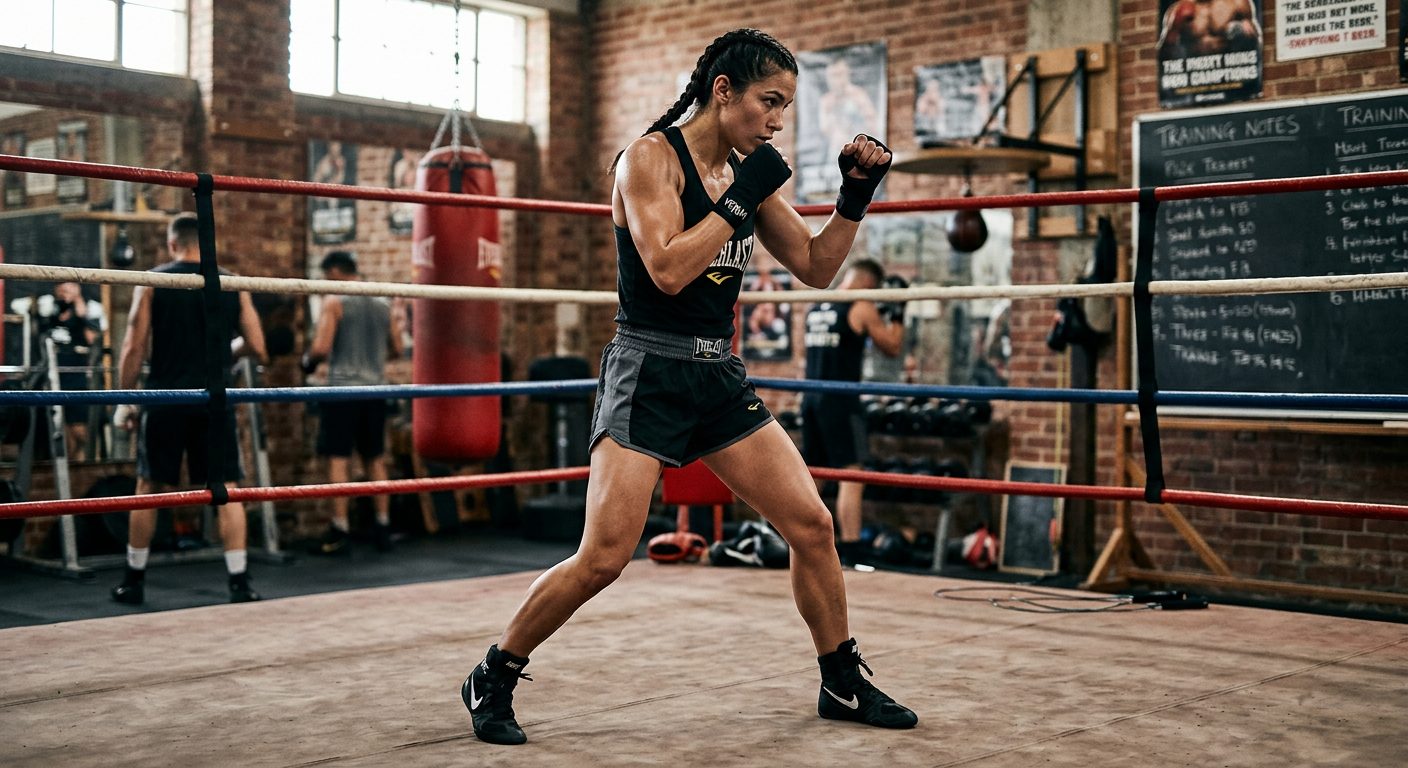 Full-body shot showing complete boxing stance and muscle engagement