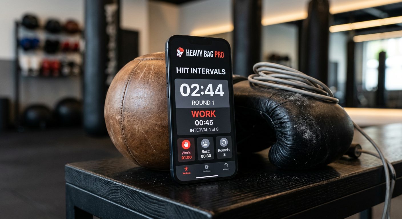 Heavy Bag Pro boxing timer app interface showing HIIT interval settings