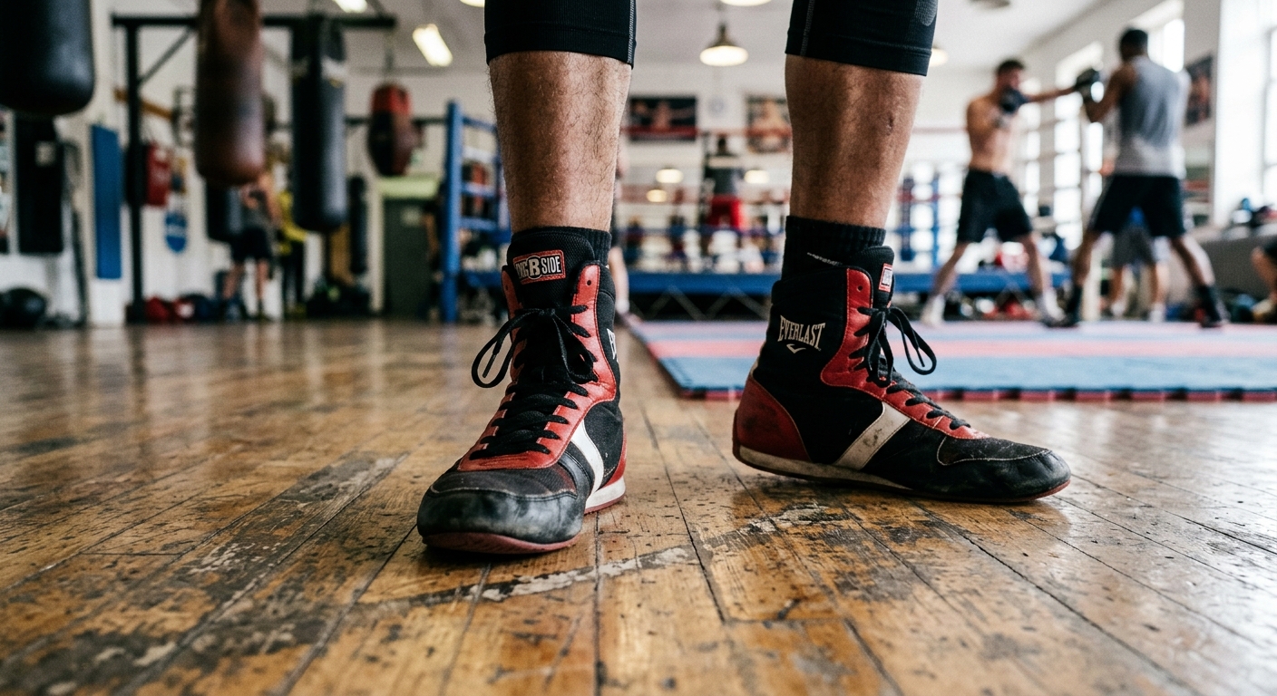 Close up of boxing shoes showing perfect orthodox stance positioning