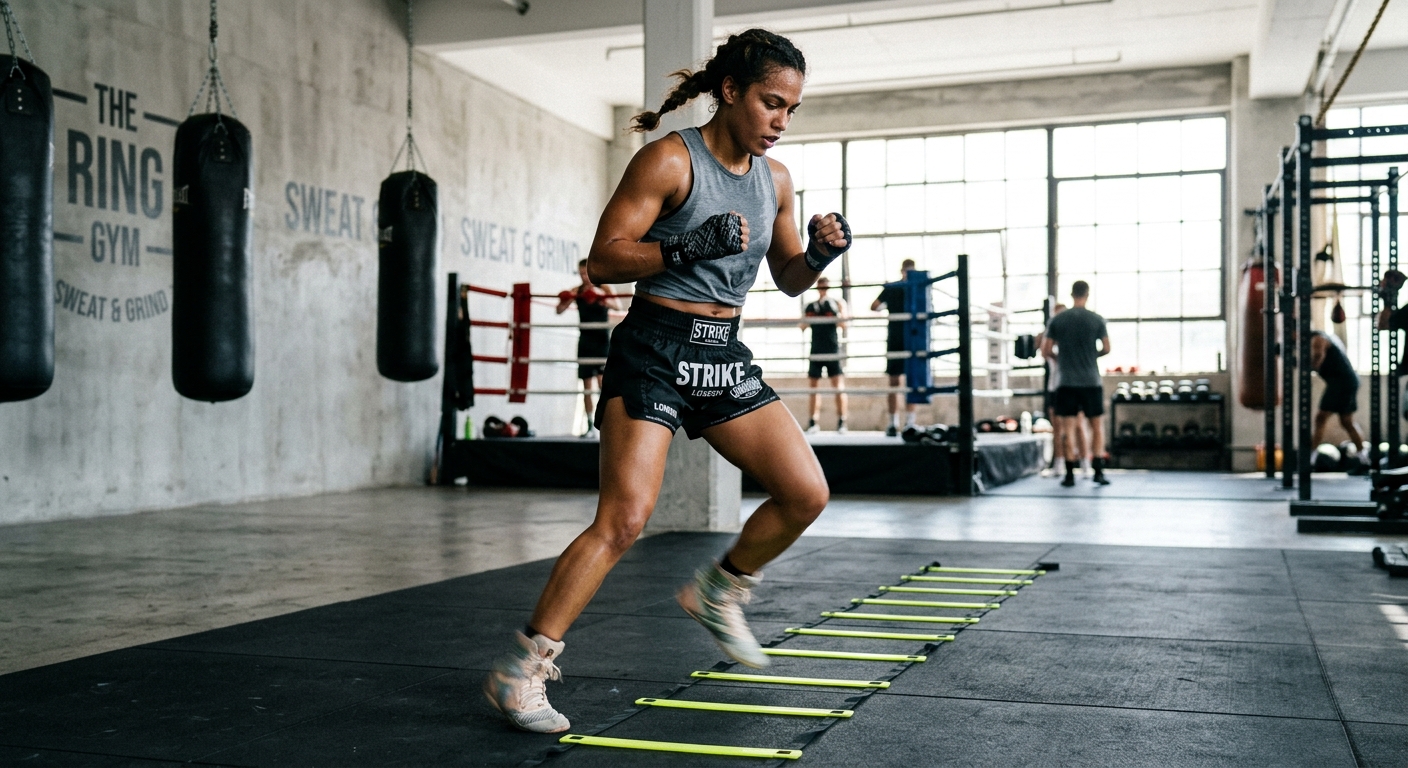 Boxer performing agility ladder drills for foot speed and coordination