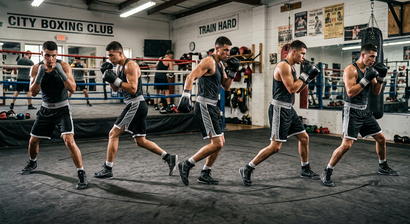 Sequence shot showing a professional boxer performing lateral pivots