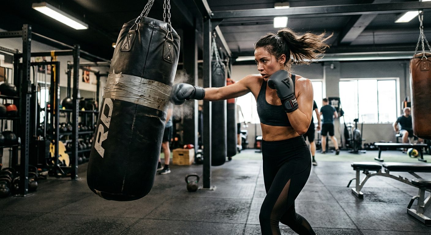 Woman hitting heavy bag with focused expression during workout