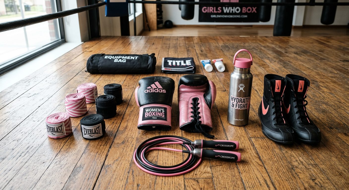 Women's boxing equipment neatly arranged including gloves, wraps, and shoes