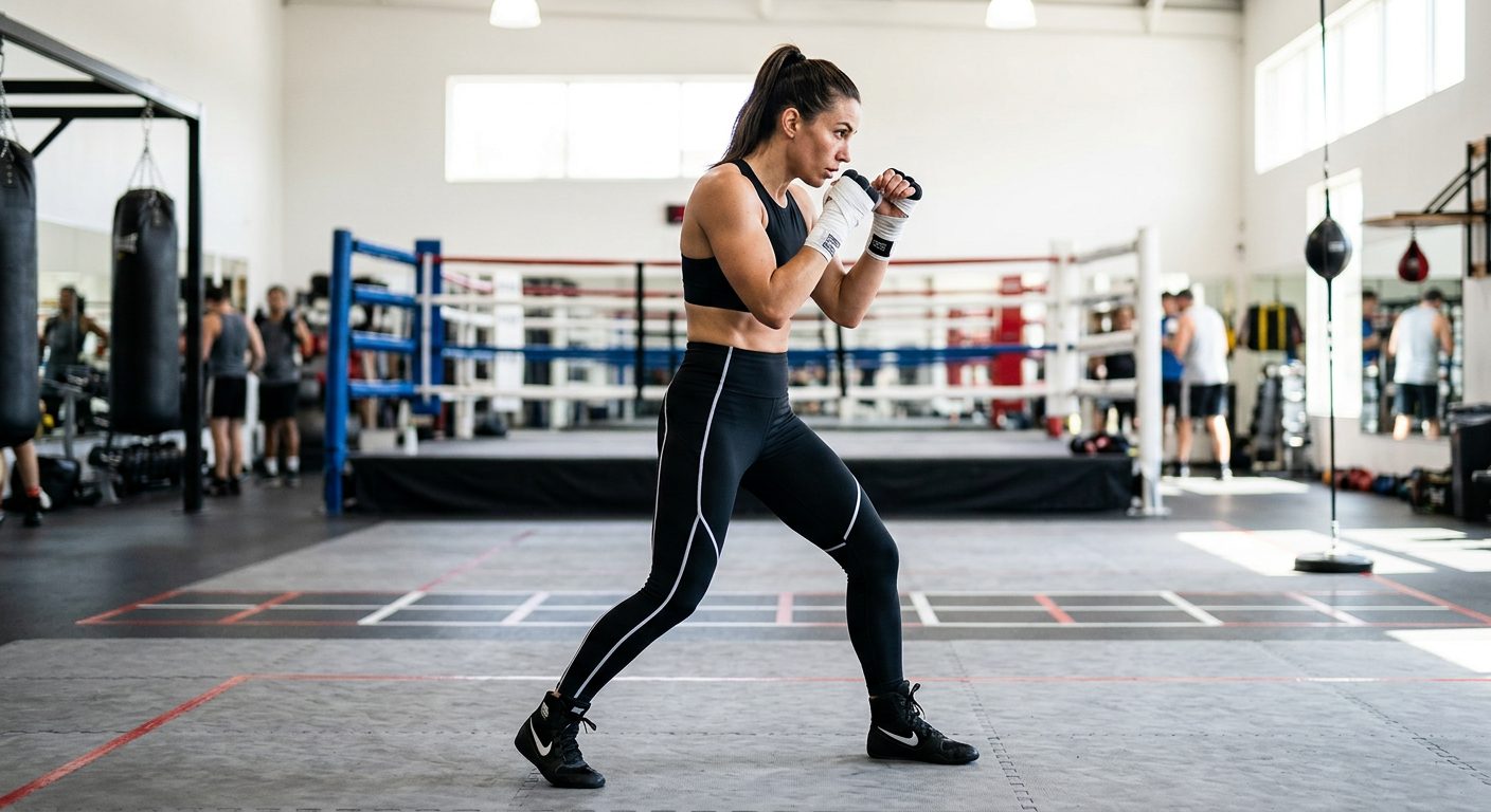 Woman demonstrating proper boxing stance and form in gym setting