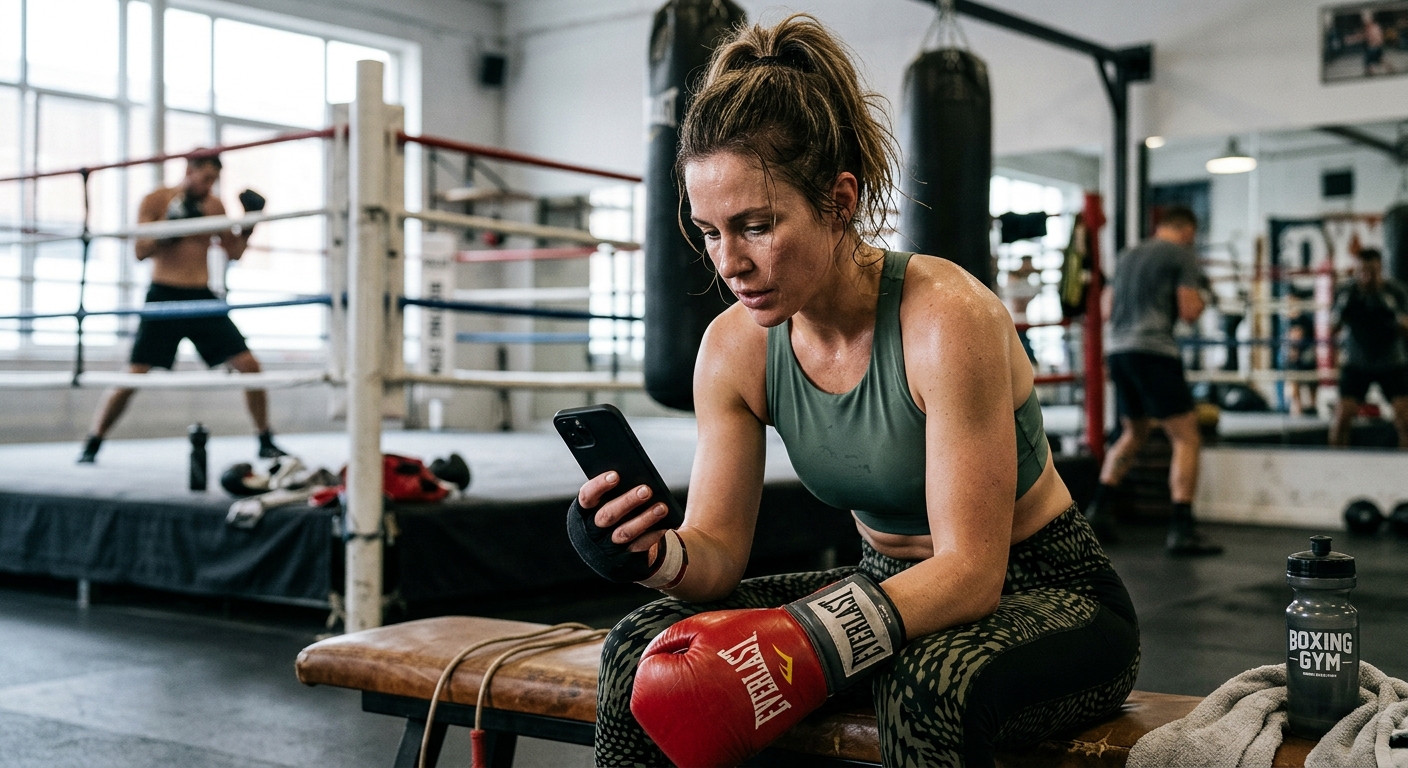 Woman checking boxing timer app on smartphone during workout break