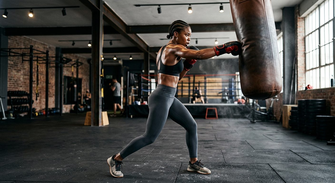 Athletic person training intensely on heavy bag showing full body engagement and focus in modern gym setting