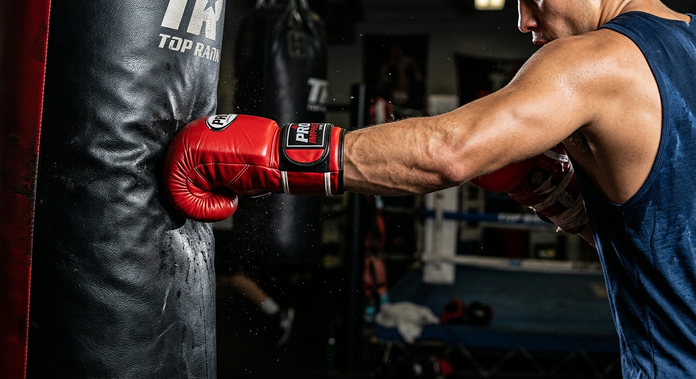 Close-up of boxer's hands in red gloves demonstrating perfect heavy bag punching technique with proper form