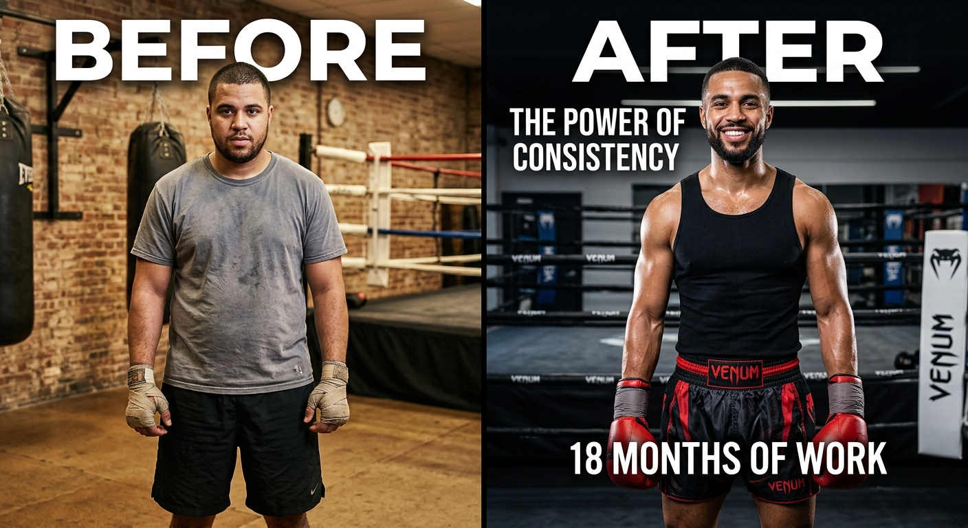 Before and after fitness transformation results showing weight loss success from consistent boxing training