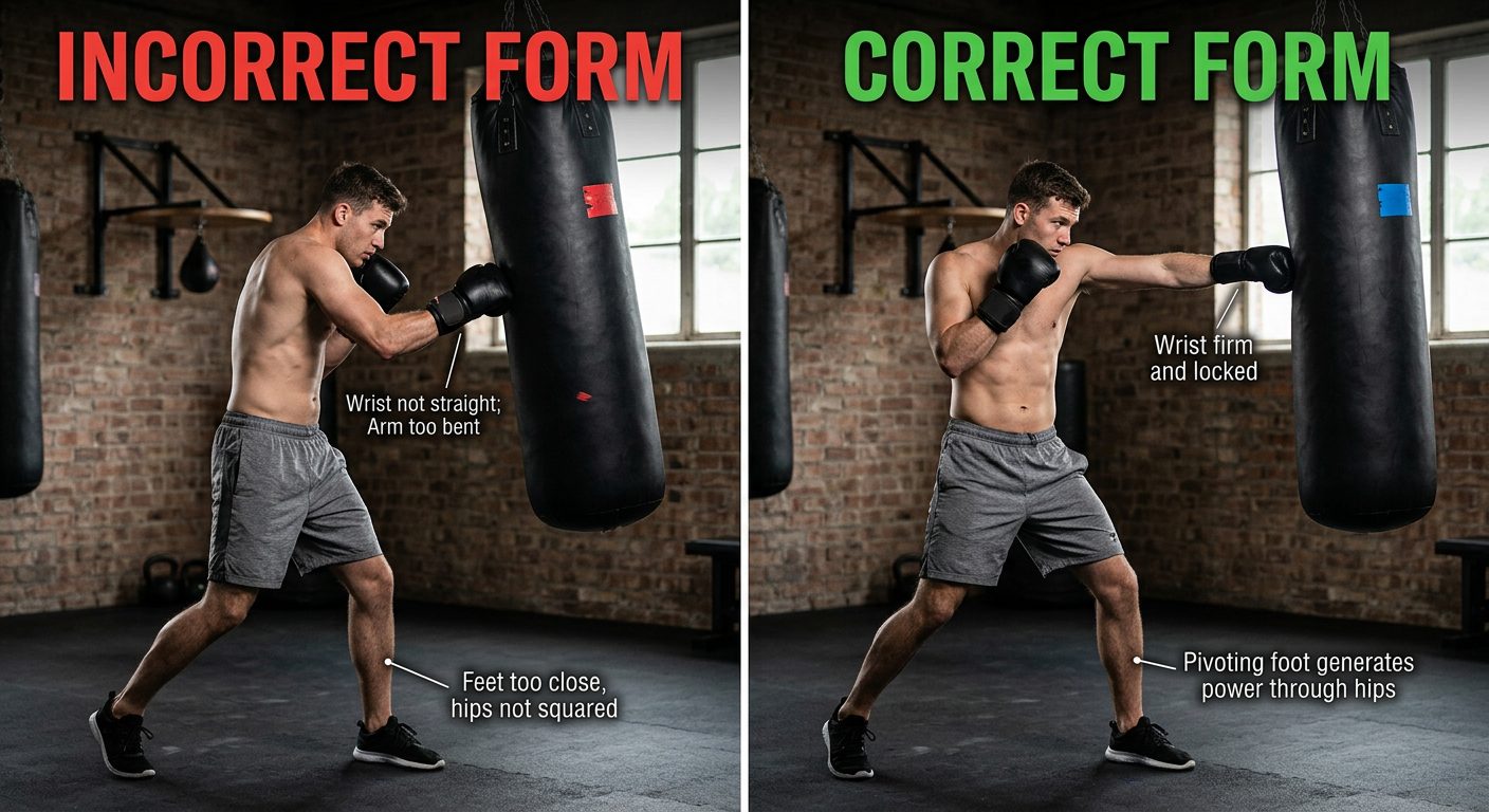 Side by side comparison showing incorrect versus correct heavy bag punching technique and positioning
