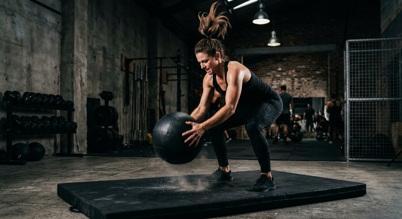 Woman performing explosive medicine ball slam exercise for boxing power training