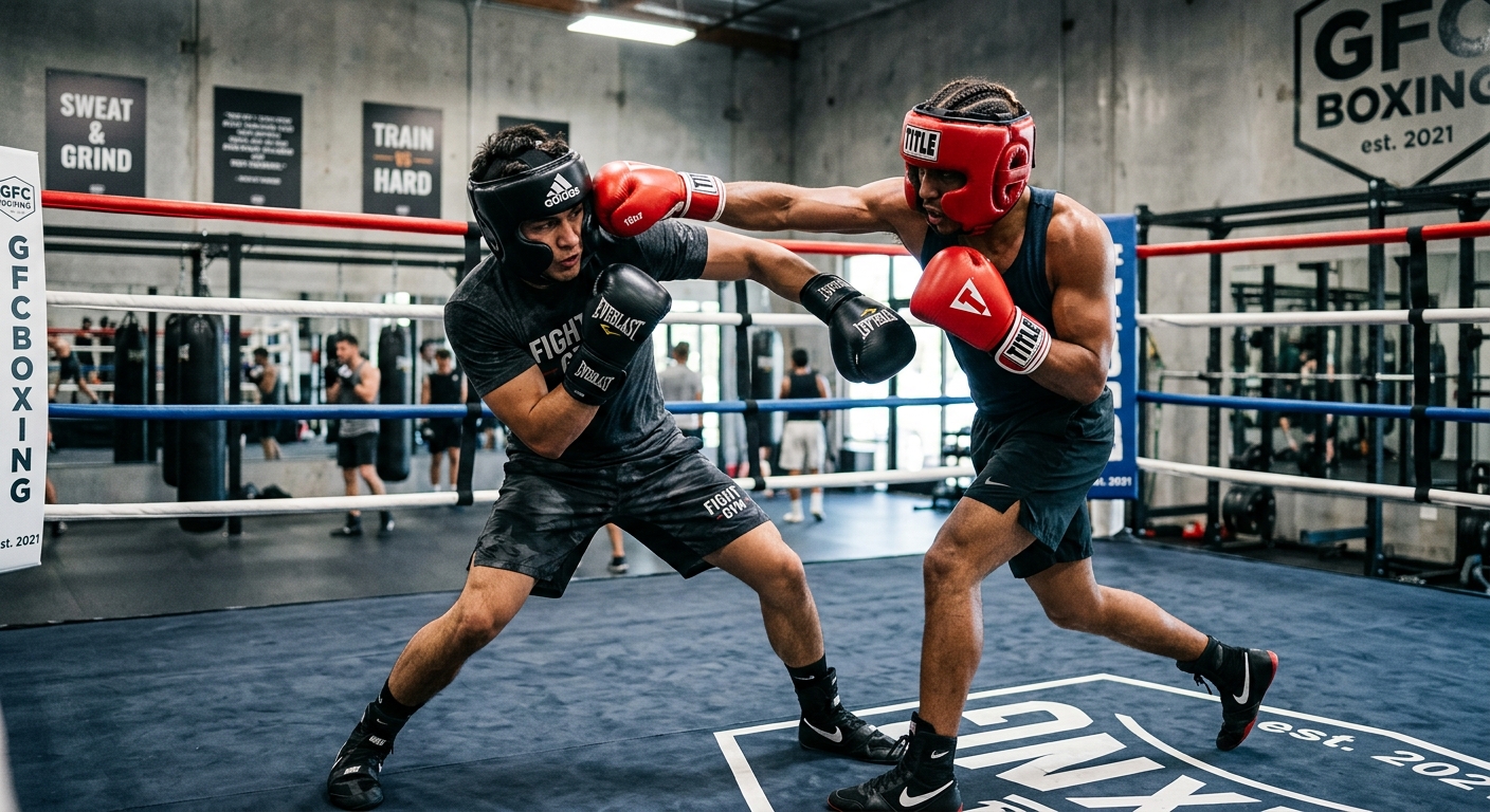 Two boxers sparring in modern boxing gym wearing proper 16oz boxing gloves