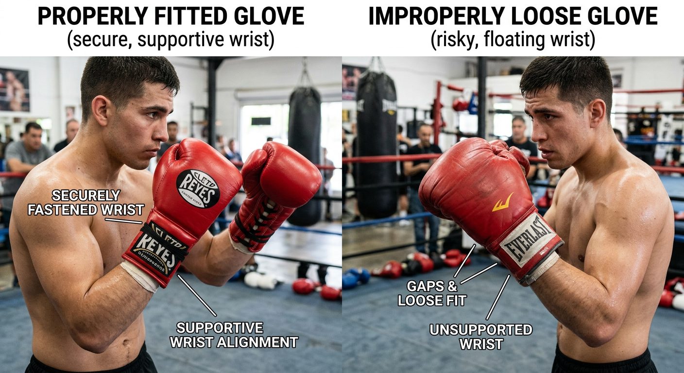 Side-by-side comparison showing proper versus improper boxing glove fit