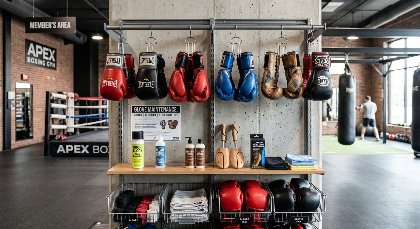 Proper boxing glove storage and maintenance setup with gloves hanging to dry