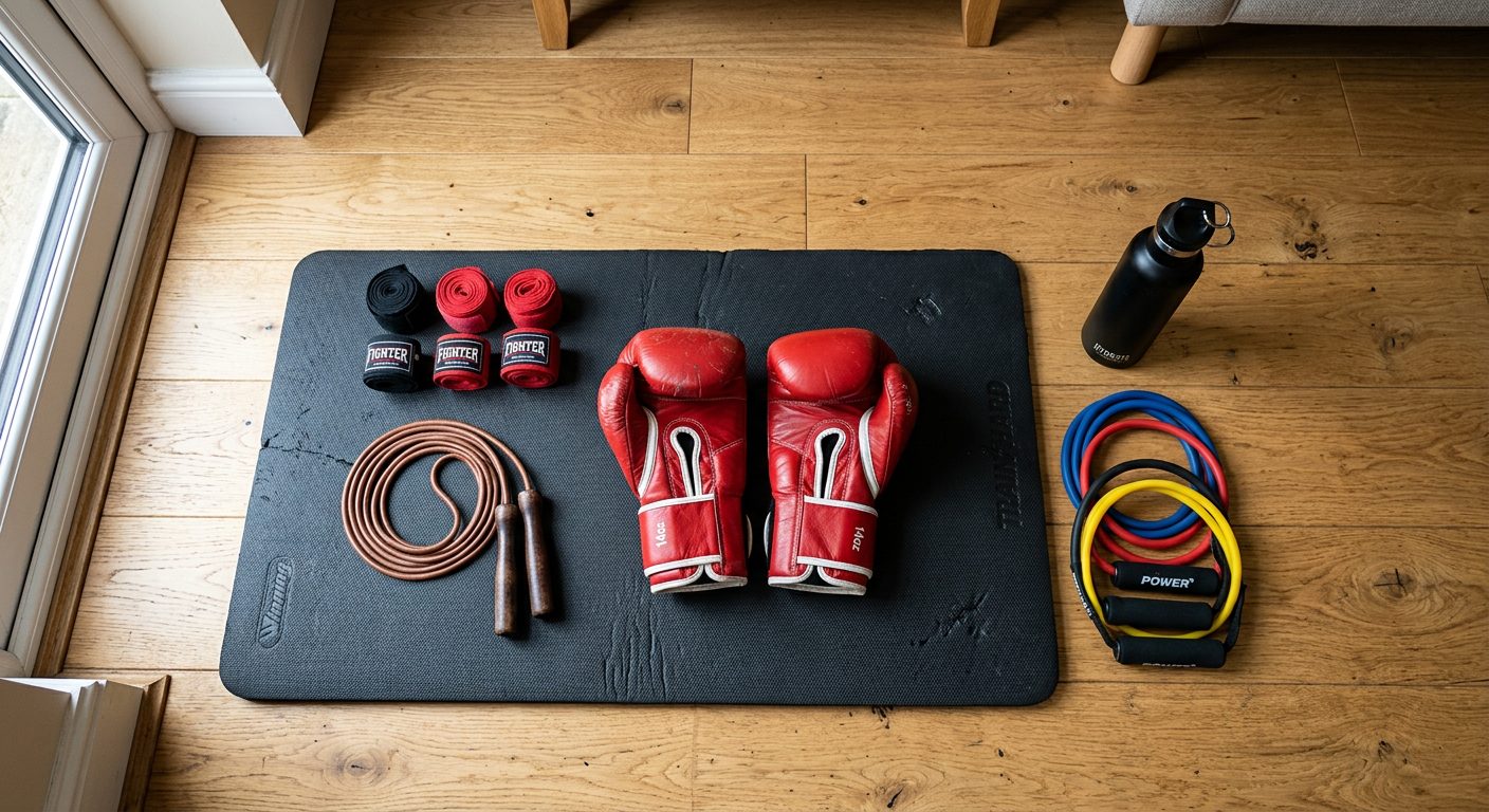 Essential boxing equipment for home training - gloves, wraps, jump rope