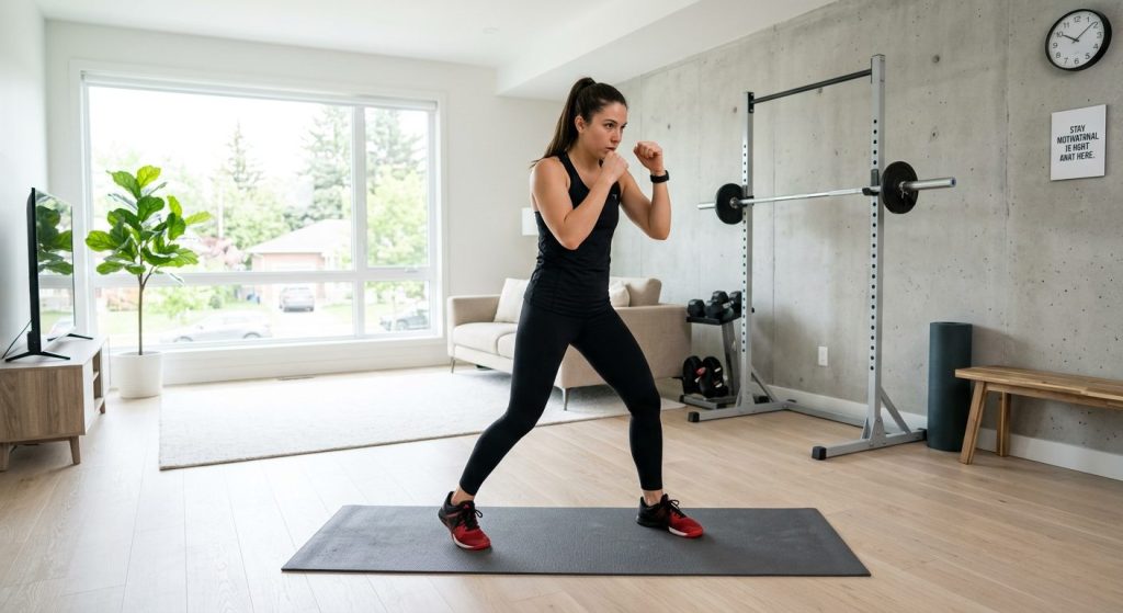 Person practicing proper boxing stance in living room