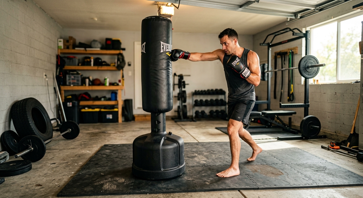 Person training on free-standing heavy bag in home garage gym