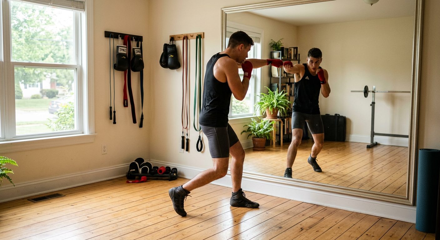 Boxer practicing shadow boxing technique in mirror at home