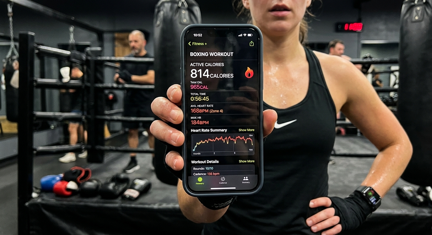 Fitness app showing high calorie burn from boxing cardio workout
