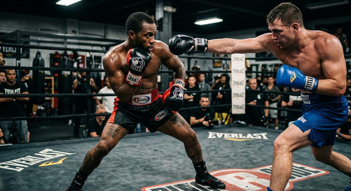 Fighter using shoulder roll defense technique to deflect a straight punch in boxing gym setting