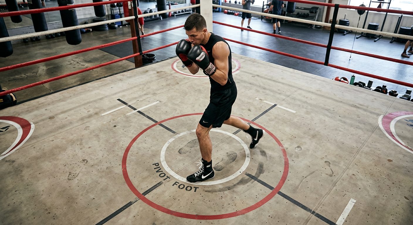 Overhead view showing boxer demonstrating pivot footwork technique with precise foot positioning