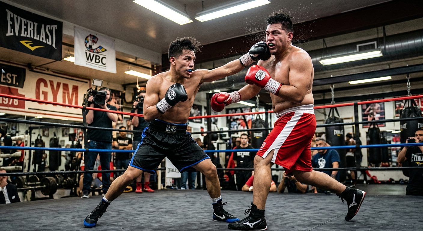 Boxer executing a check hook counter-attack against an advancing opponent in dynamic action
